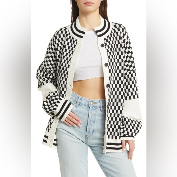 Dressed in LALA Get What I Want Grandpa Cardigan in Checked Black White Size S - Picture 7 of 13